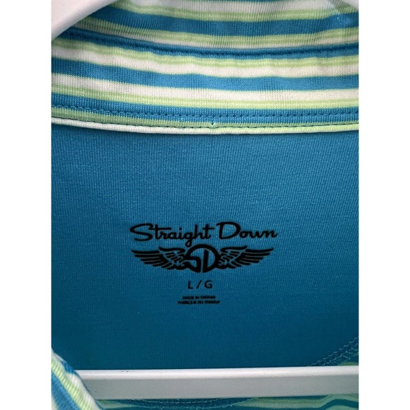 Straight Down Biltmore Polo Shirt Men Large Striped Blue Green Embroidered Patch - Picture 3 of 11